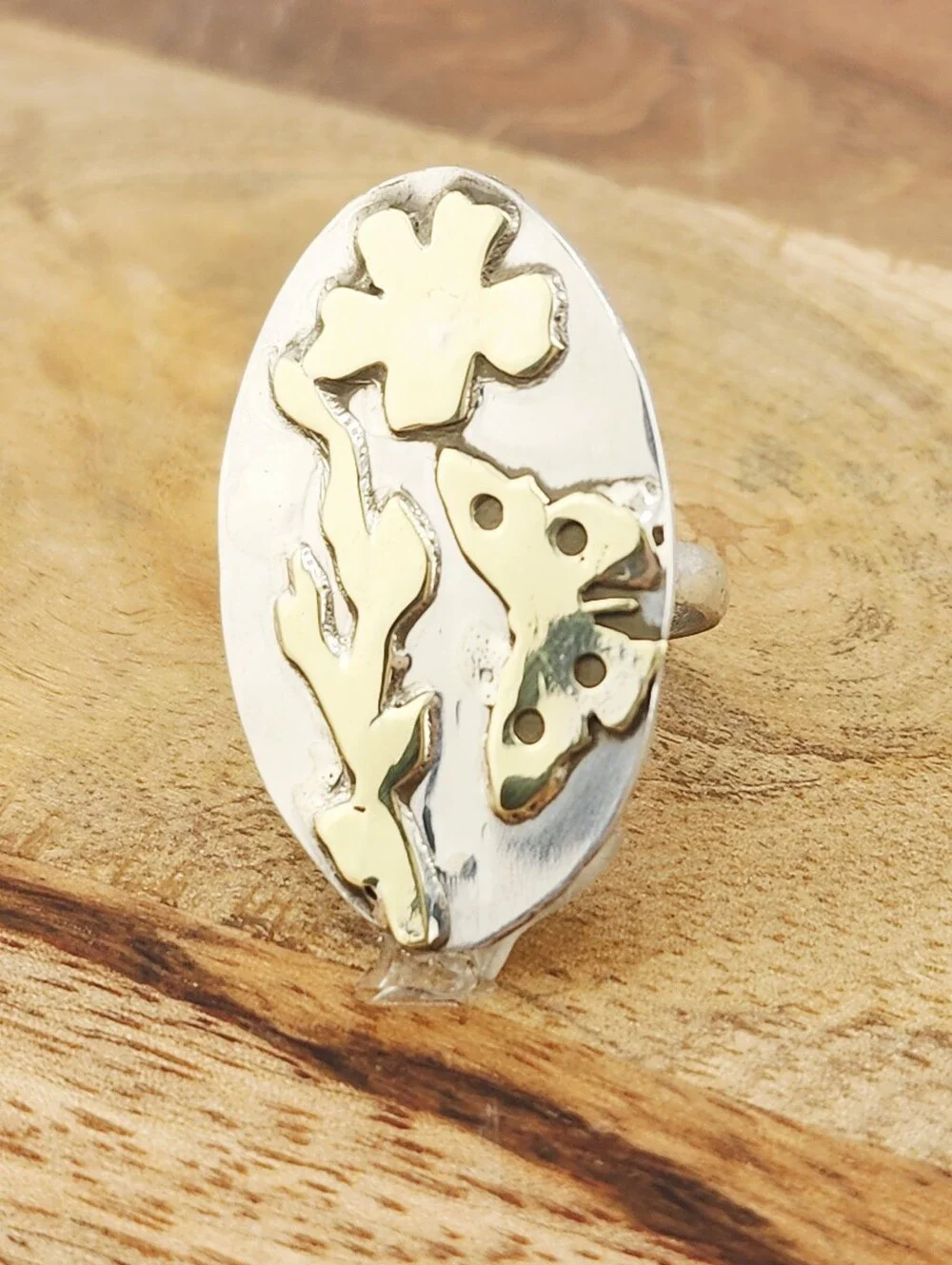 STERLING SILVER & BRASS BOTANICAL HANDMADE RING MIX METAL DESIGN SIZE 7